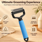 Undercoat rake for dogs showing stainless steel detangling teeth