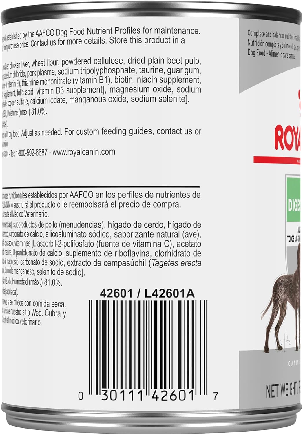 Royal Canin Digestive Care adult dog food loaf in sauce single can perspective