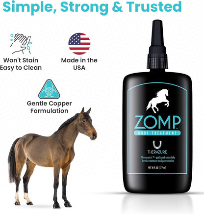 Therazure Zomp Liquid Hoof Treatment for healthy horse frog and sole.