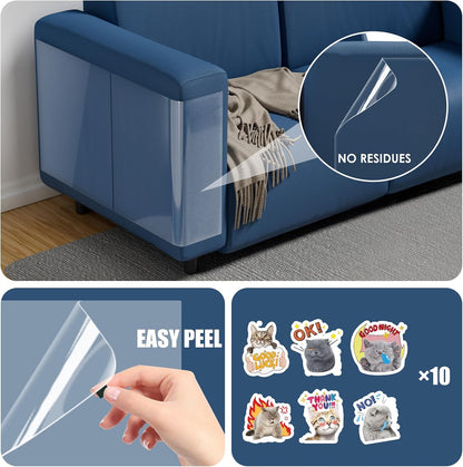Clear self adhesive PVC couch guard for cats applied to sofa arm