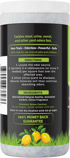 Clean outdoor backyard lawn free from pet odor after using citrus scented mineral granules.