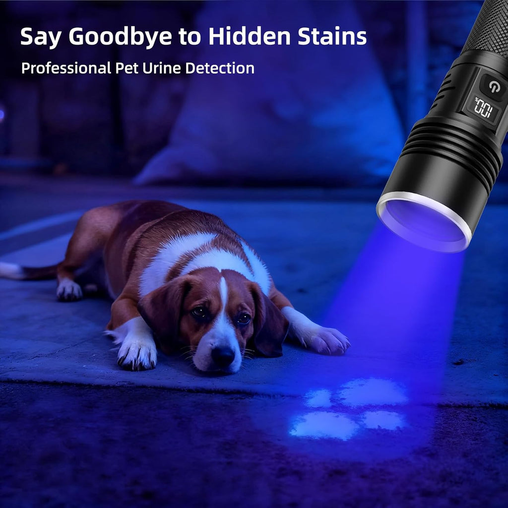 Tremdwoto ultraviolet light rechargeable torch showing the digital LCD battery percentage display screen.