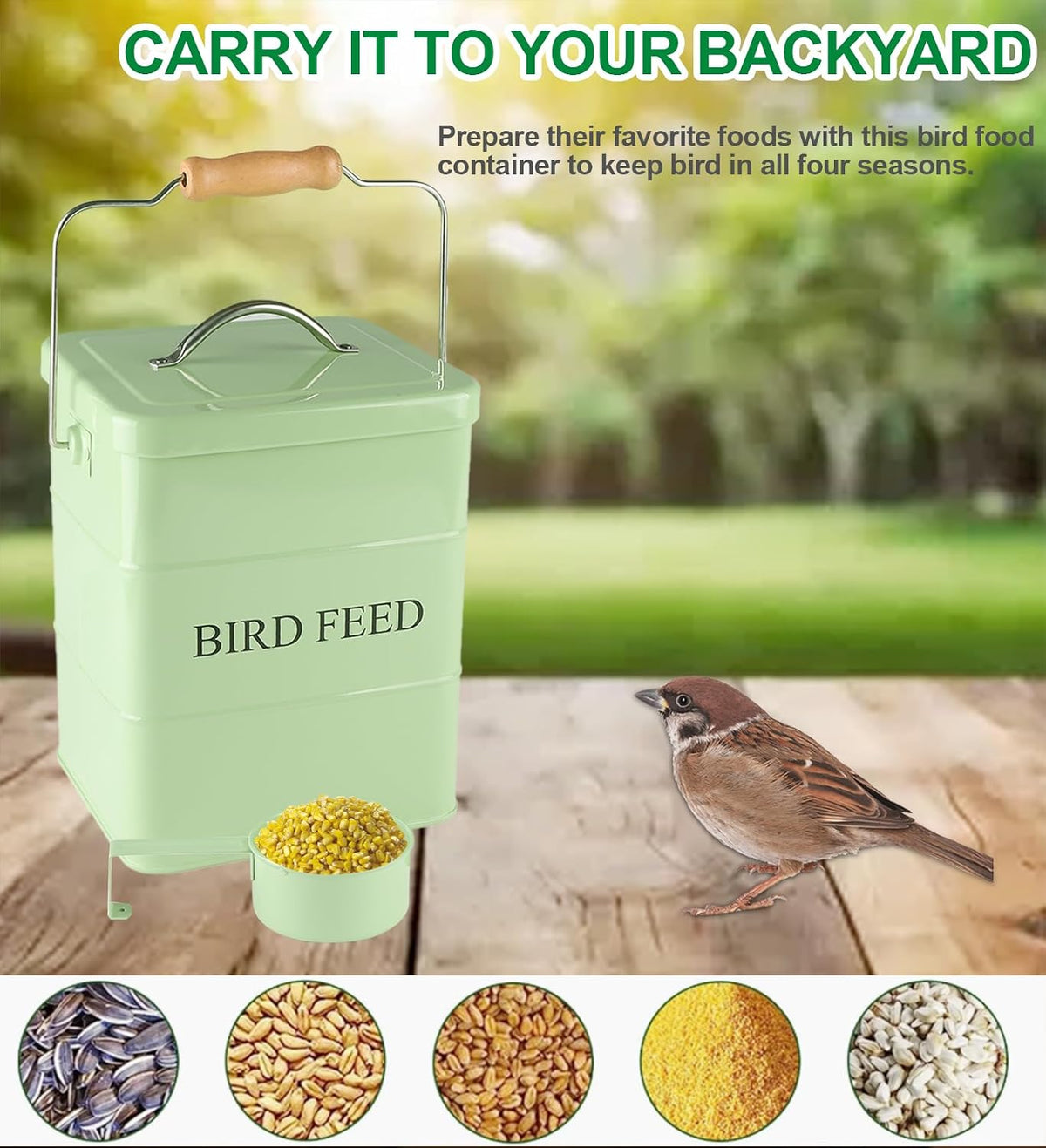 Brabtod outdoor bird food storage container placed on a patio