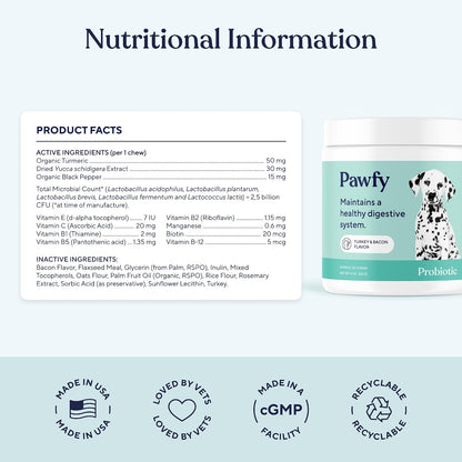 Bacon flavored Pawfy probiotic bites for small and large dog digestive wellness