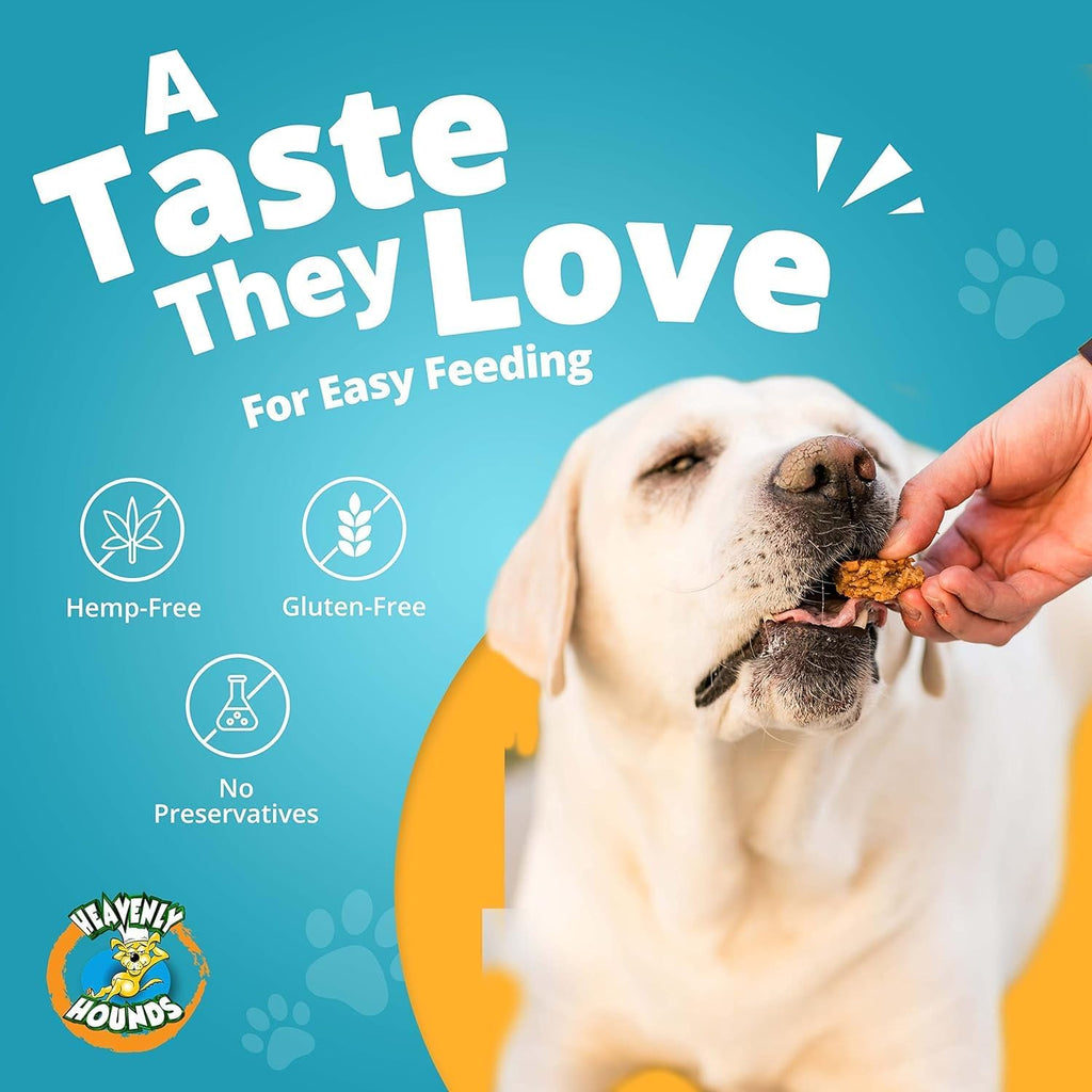 Back packaging label of Heavenly Hounds calming squares listing ingredients and dosage
