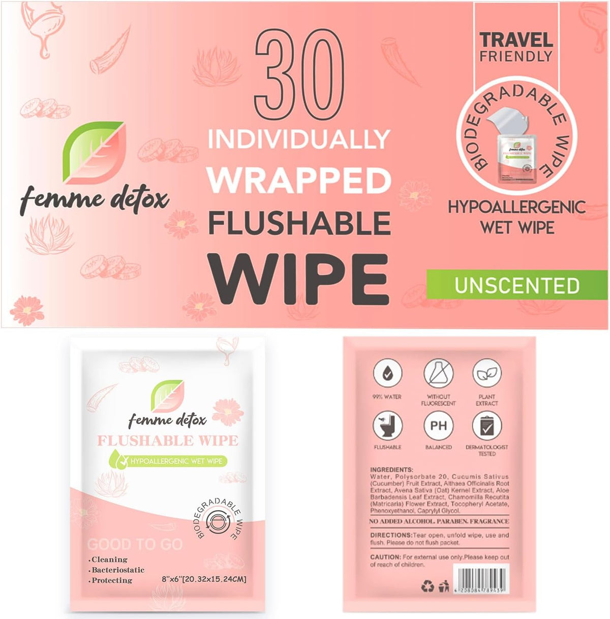 Femme Detox Flushable Feminine Wipes front view of 30 count box