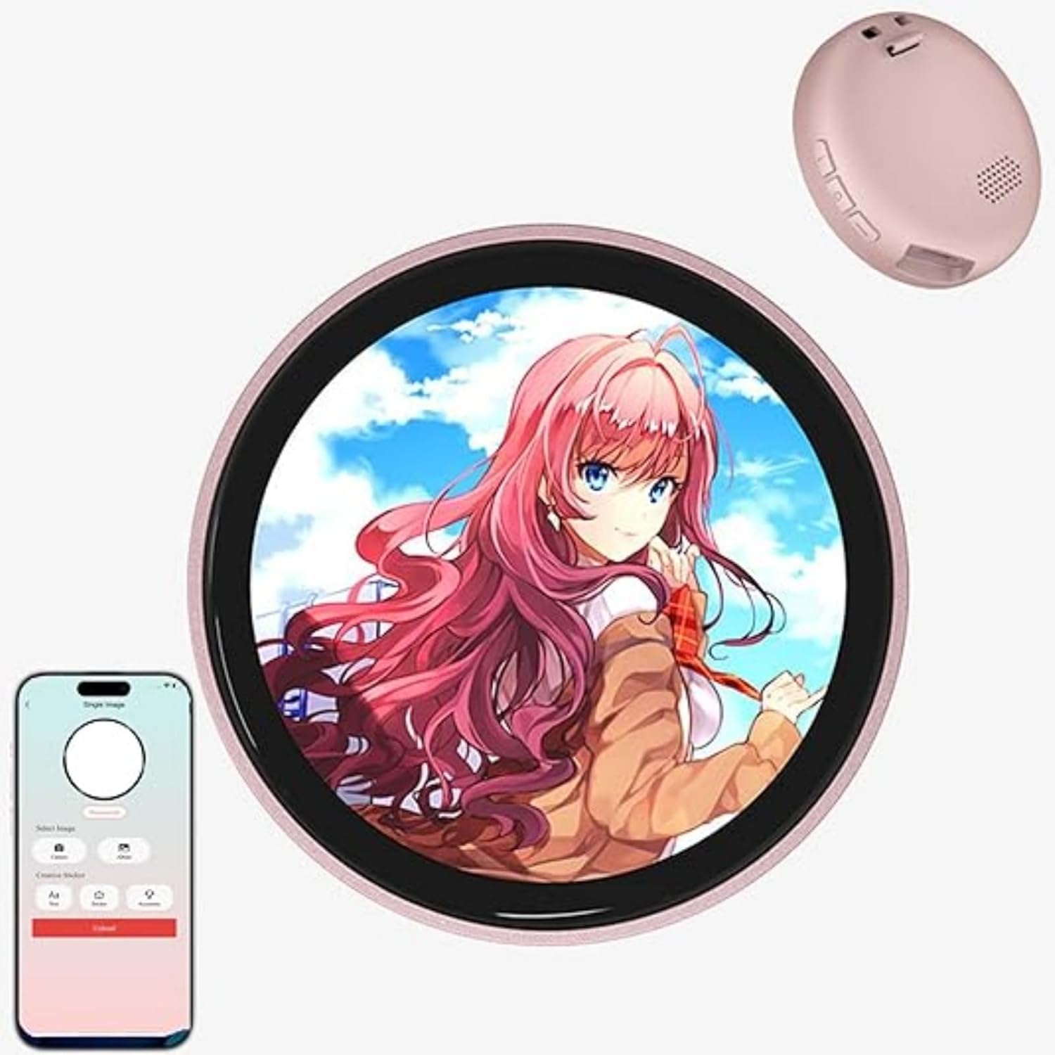 MIQUEES personalized anime photo pin front view showcasing a vibrant digital character display on a backpack.