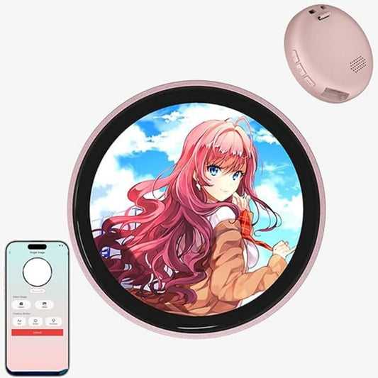 MIQUEES personalized anime photo pin front view showcasing a vibrant digital character display on a backpack.
