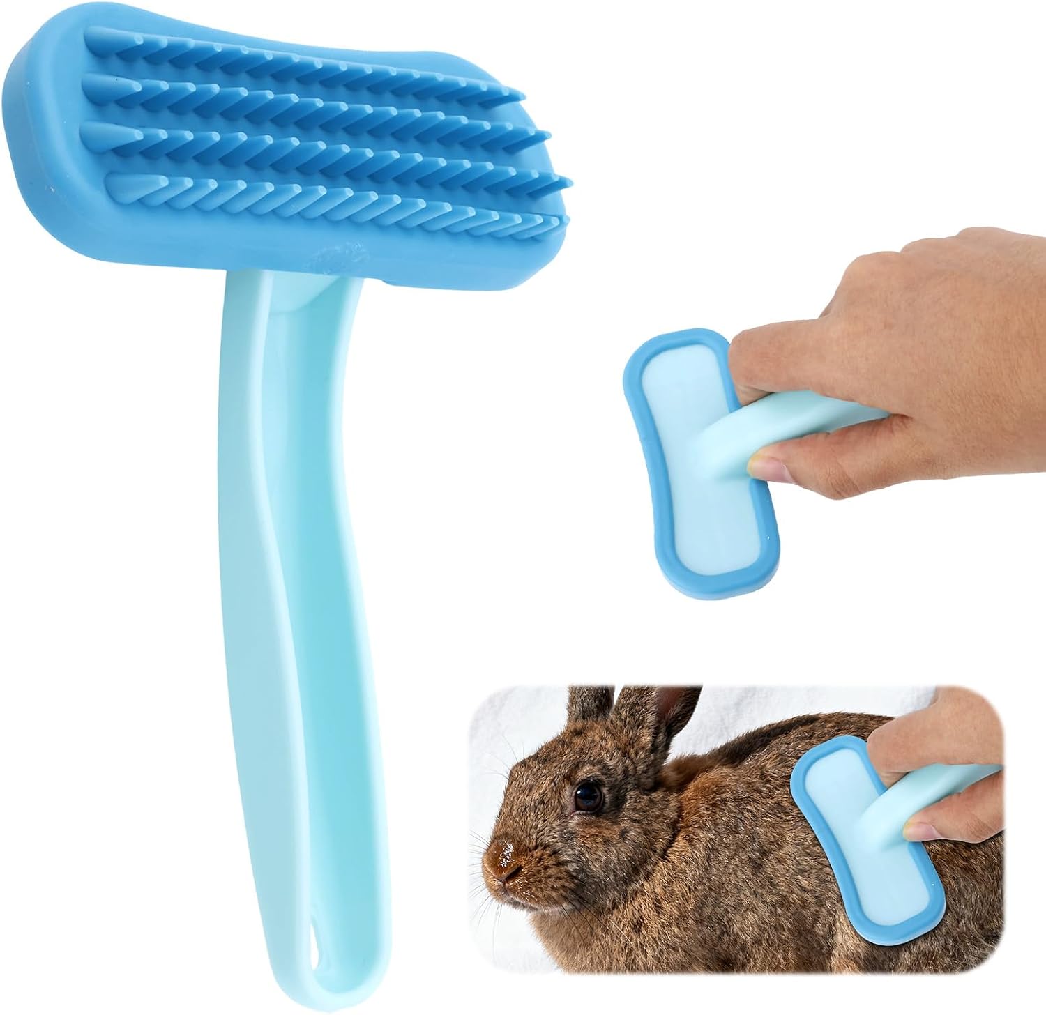 Fukaisu rabbits bunny brush front view showing blue silicone bristles for pet grooming.
