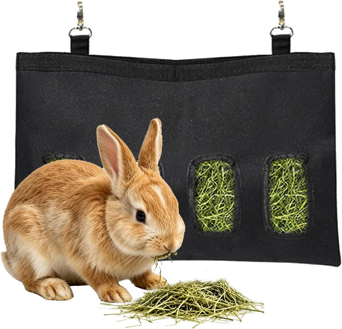 Rabbit Hay Feeder - Large Capacity Oxford Cloth Hanging Hay Bag - 4 Holes - 1 Pcs (Black) - Image 1