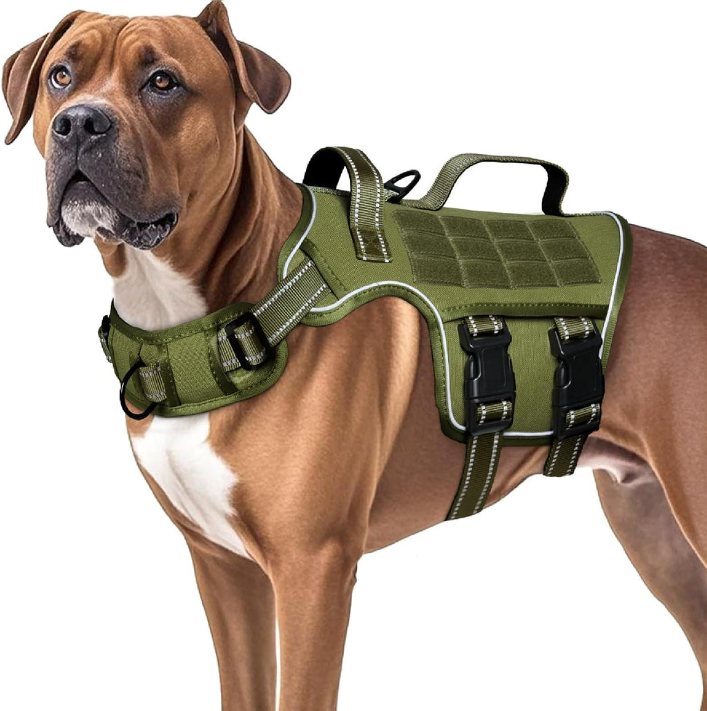 RunFido Heavy Duty Tactical Dog Harness front view green military K9 vest for large dogs.