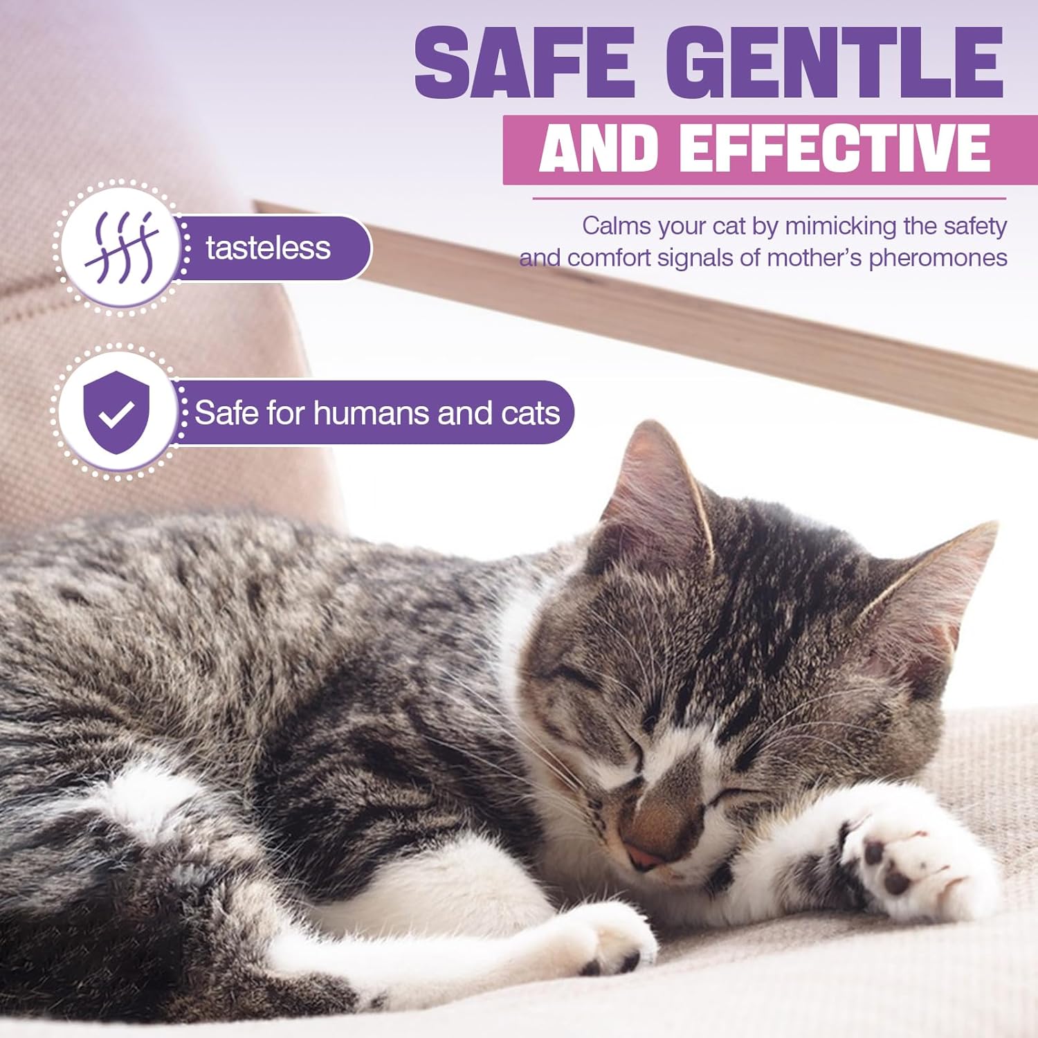 Detailed back view of the pet calming product box listing coverage area and compatibility guidelines.