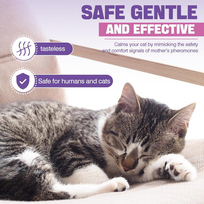 Detailed back view of the pet calming product box listing coverage area and compatibility guidelines.
