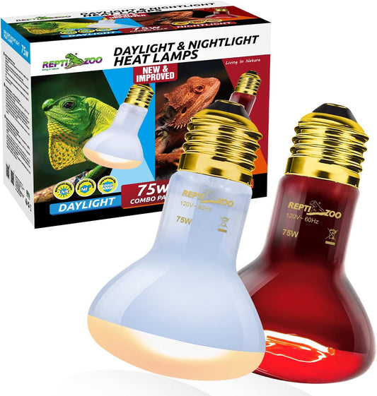 Repti Zoo seventy five watt reptile heat lamp combo pack front view showcasing both daylight and night light bulbs