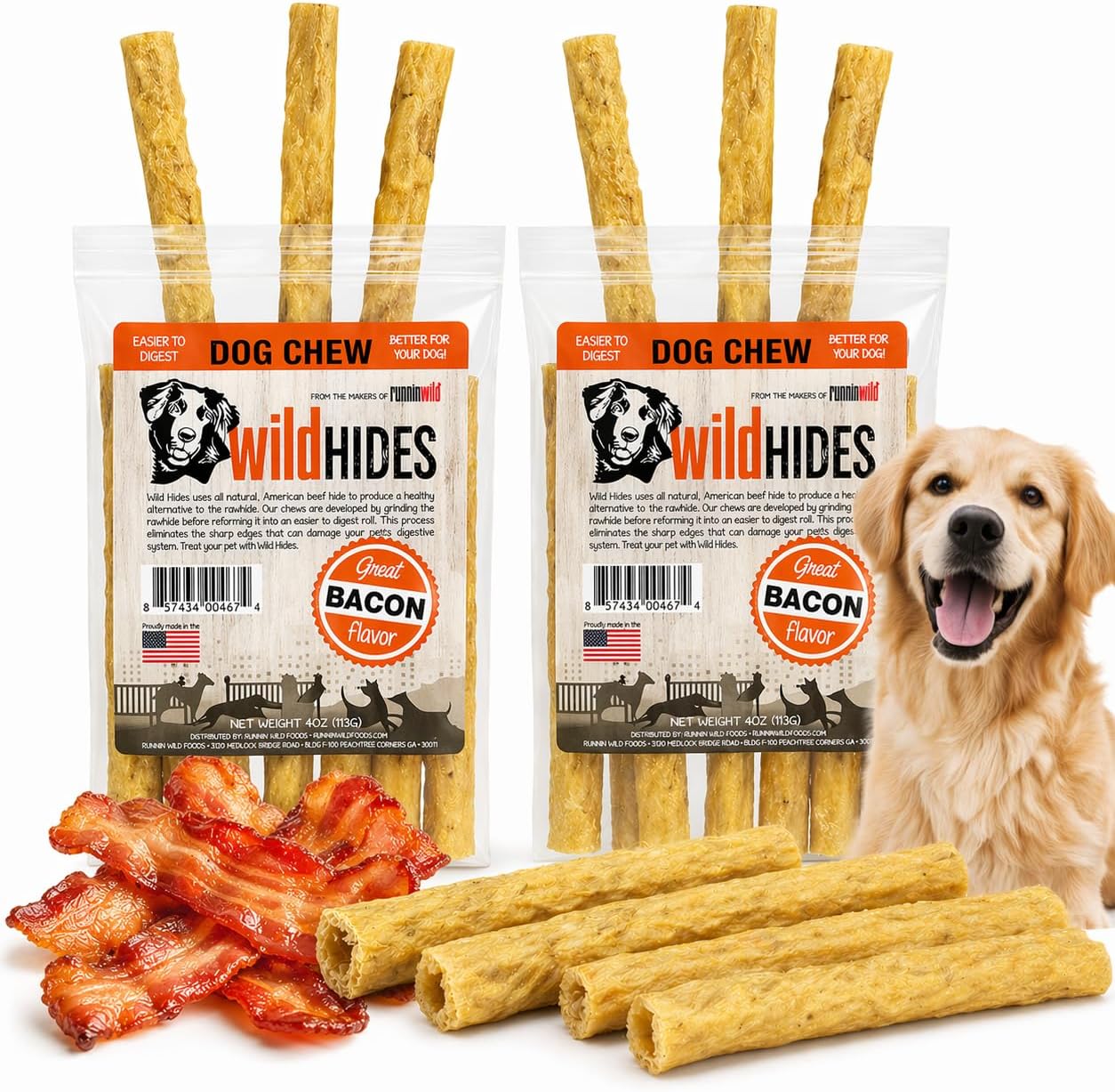 Wonder Bound Premium Bacon Flavor Beef Hide Dog Chews front view packaging