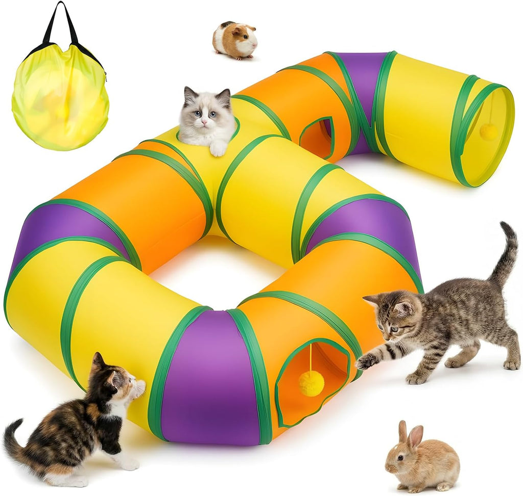 Two kittens playing together using the multiple darting holes of the GUSTYLE pet maze.