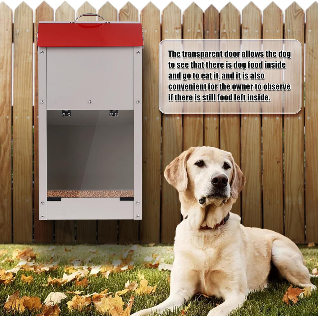 Heavy duty metal gravity dog food dispenser side view with convenient carry handles