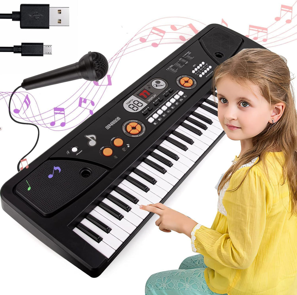 M SANMERSEN 61 key kids electric piano keyboard front view with attached microphone