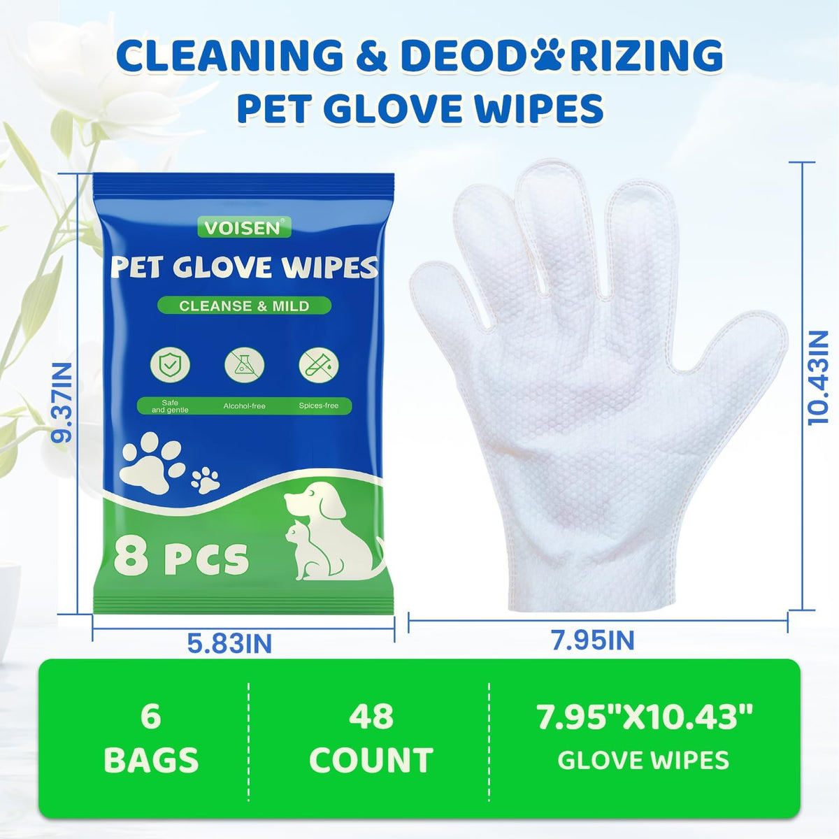Authentic VOISEN waterless pet wipes package with eight gloves per bag