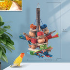 Close up of Bissap parrot toy showing bark and nut textures