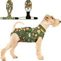 Aimydog recovery suit for dogs after surgery front view olive green floral print onesie