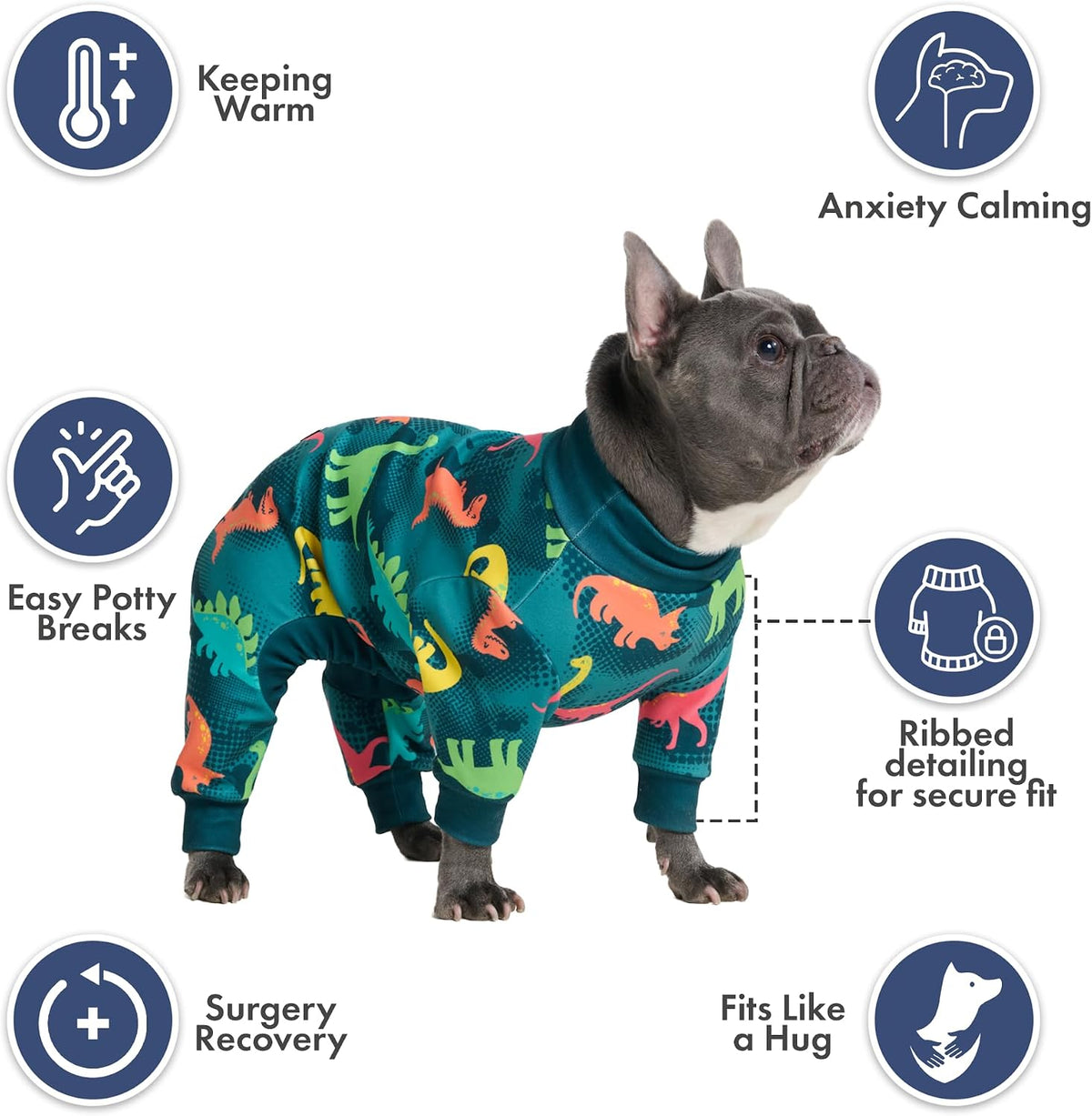 Spark Paws dog apparel in teal dinosaur pattern highlighting the calming fleece interior.