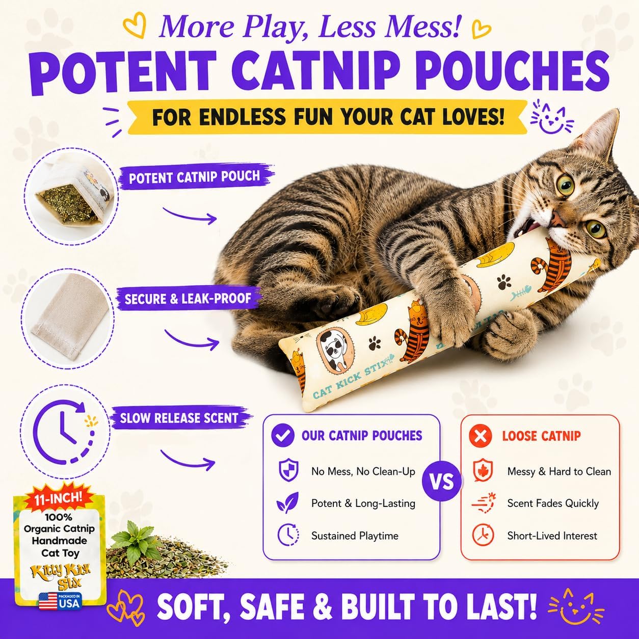 Side view of 11-inch cat kicker toy set