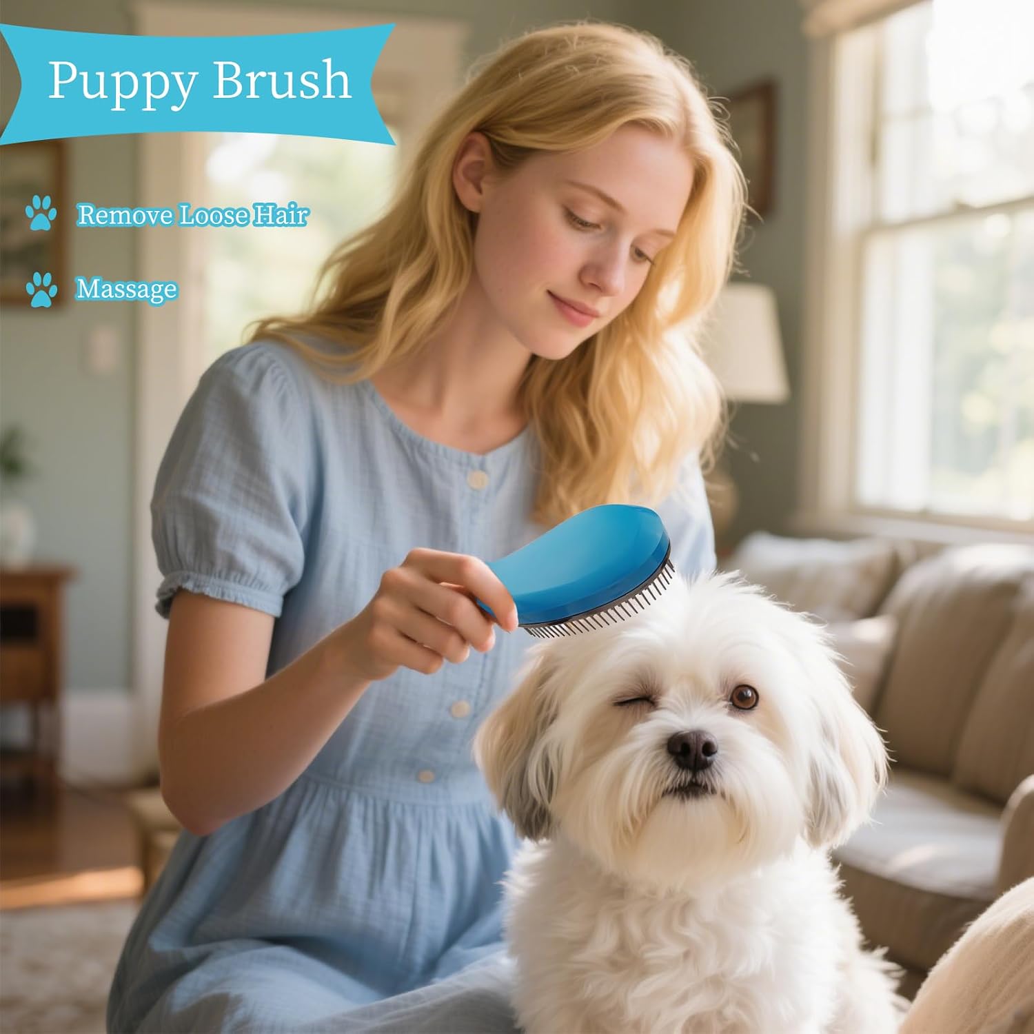Blue comma shaped detangling brush for Maltese and Pomeranian coats