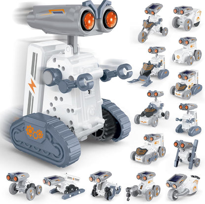 Lovinkiki STEM Solar Robot Building Kit front view showing the retail packaging and multiple built robot models.