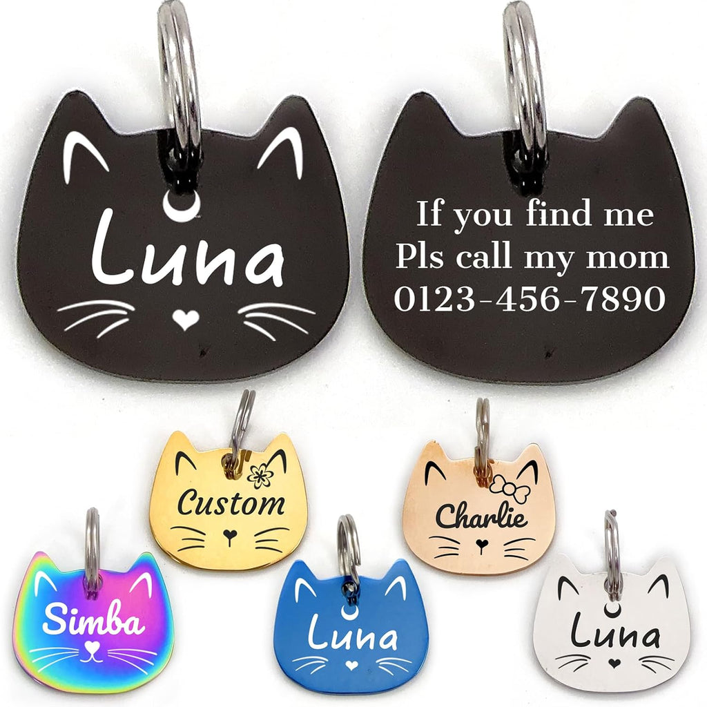 Diaoketags Stainless Steel Personalized Cat Identification Tag front view showing custom laser engraved text