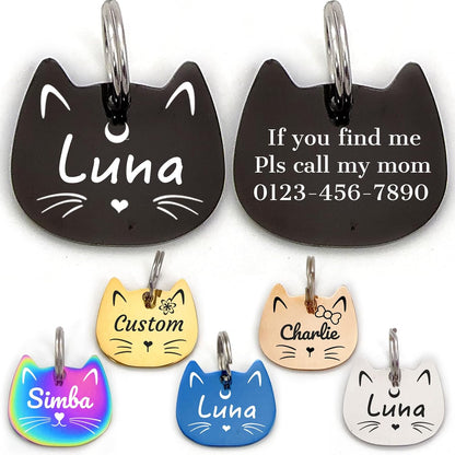 Diaoketags Stainless Steel Personalized Cat Identification Tag front view showing custom laser engraved text