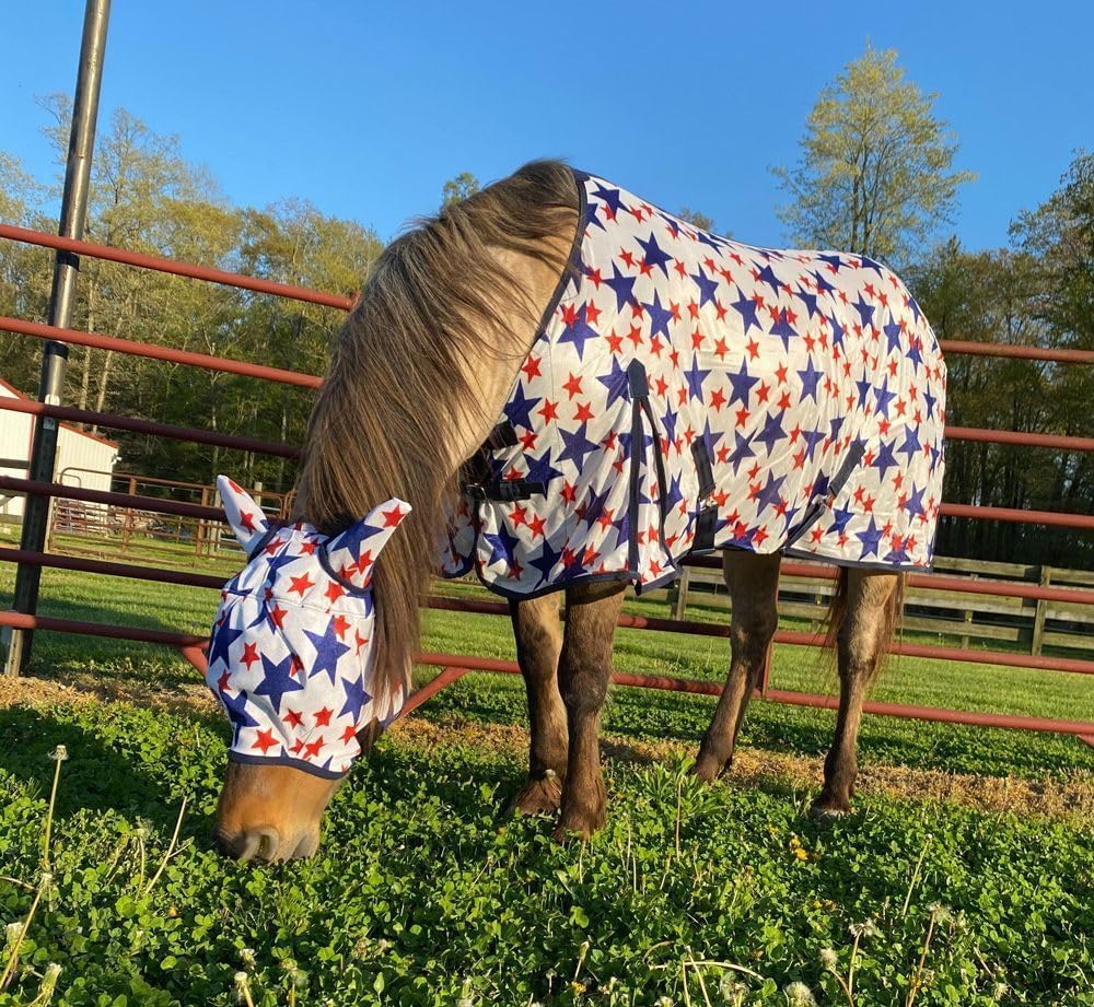 Rugged Ride Patriotic Soft Mesh Fly Sheet front view on a horse showcasing the double buckle closure.