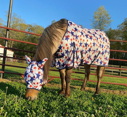 Rugged Ride Patriotic Soft Mesh Fly Sheet front view on a horse showcasing the double buckle closure.