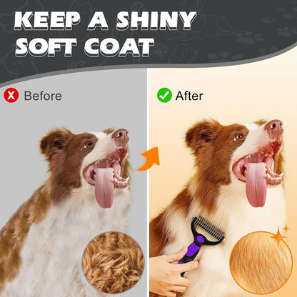 Three piece pet grooming kit arranged neatly showcasing the rake, comb, and bath brush.