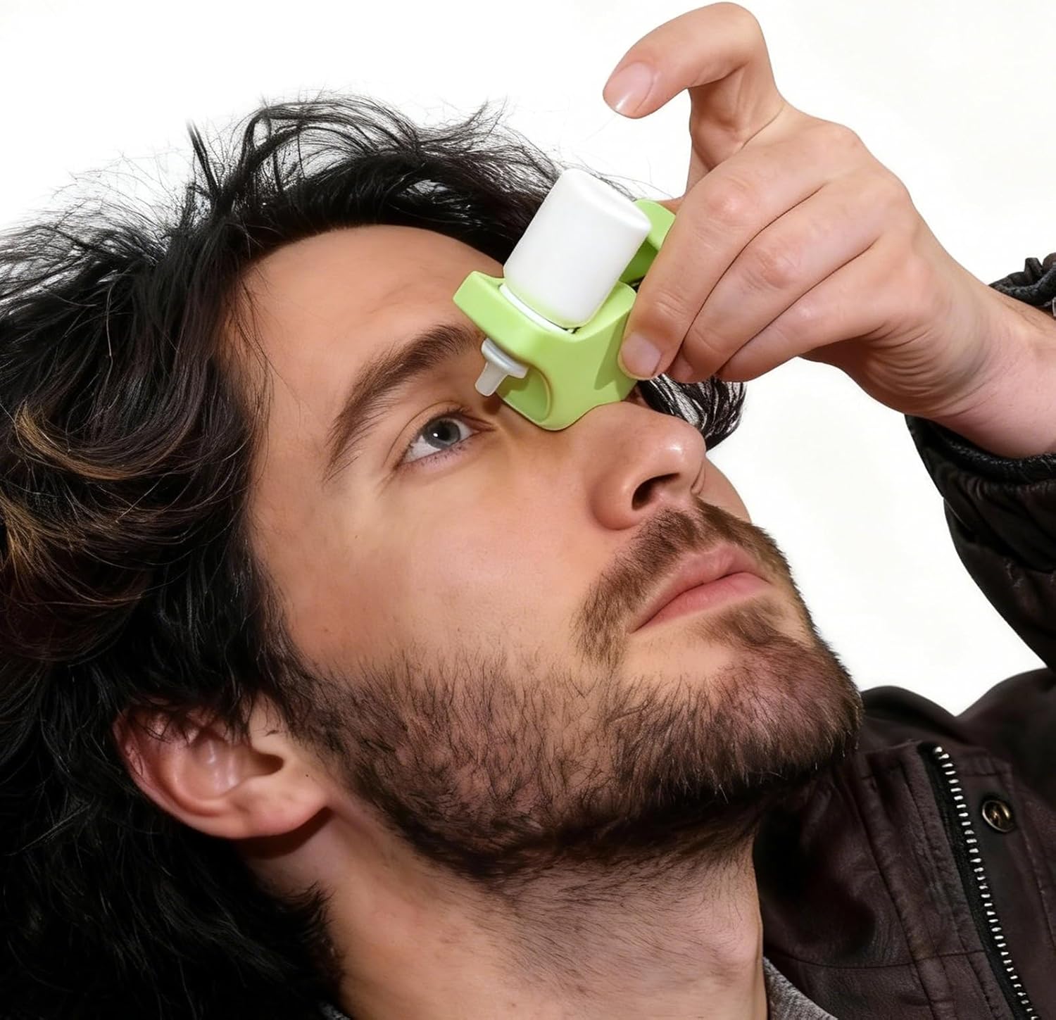 Gloxlite silicone eye drop guide front view showing the green precision applicator opening.