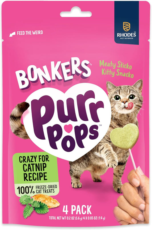 Bonkers Purrpops heart shaped freeze dried cat treats on a stick handle
