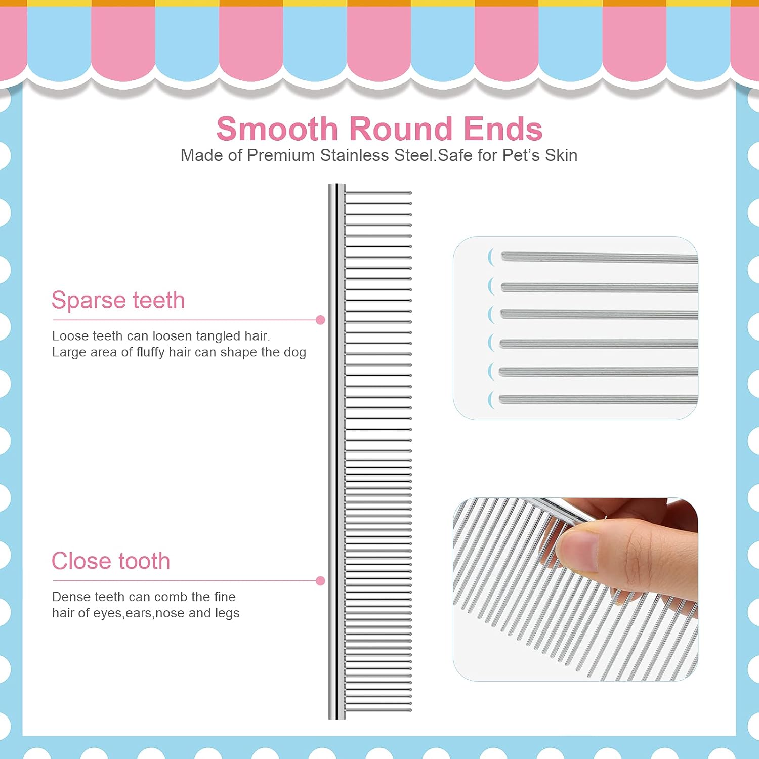 Durable blue and pink lice combs included in the Kalamanda pet grooming set