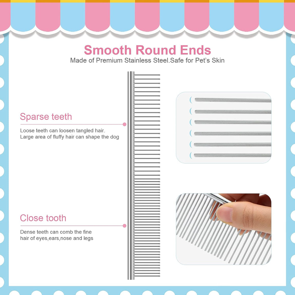 Durable blue and pink lice combs included in the Kalamanda pet grooming set