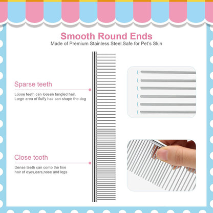 Durable blue and pink lice combs included in the Kalamanda pet grooming set