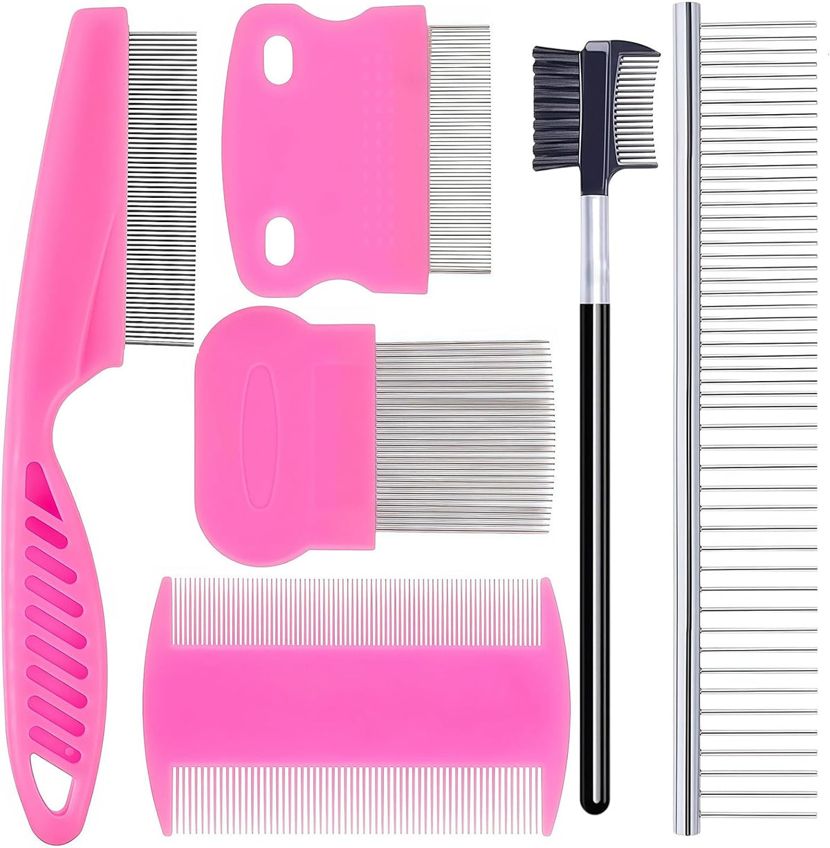 Creztail 6 Pack Pet Grooming Combs front view pink set