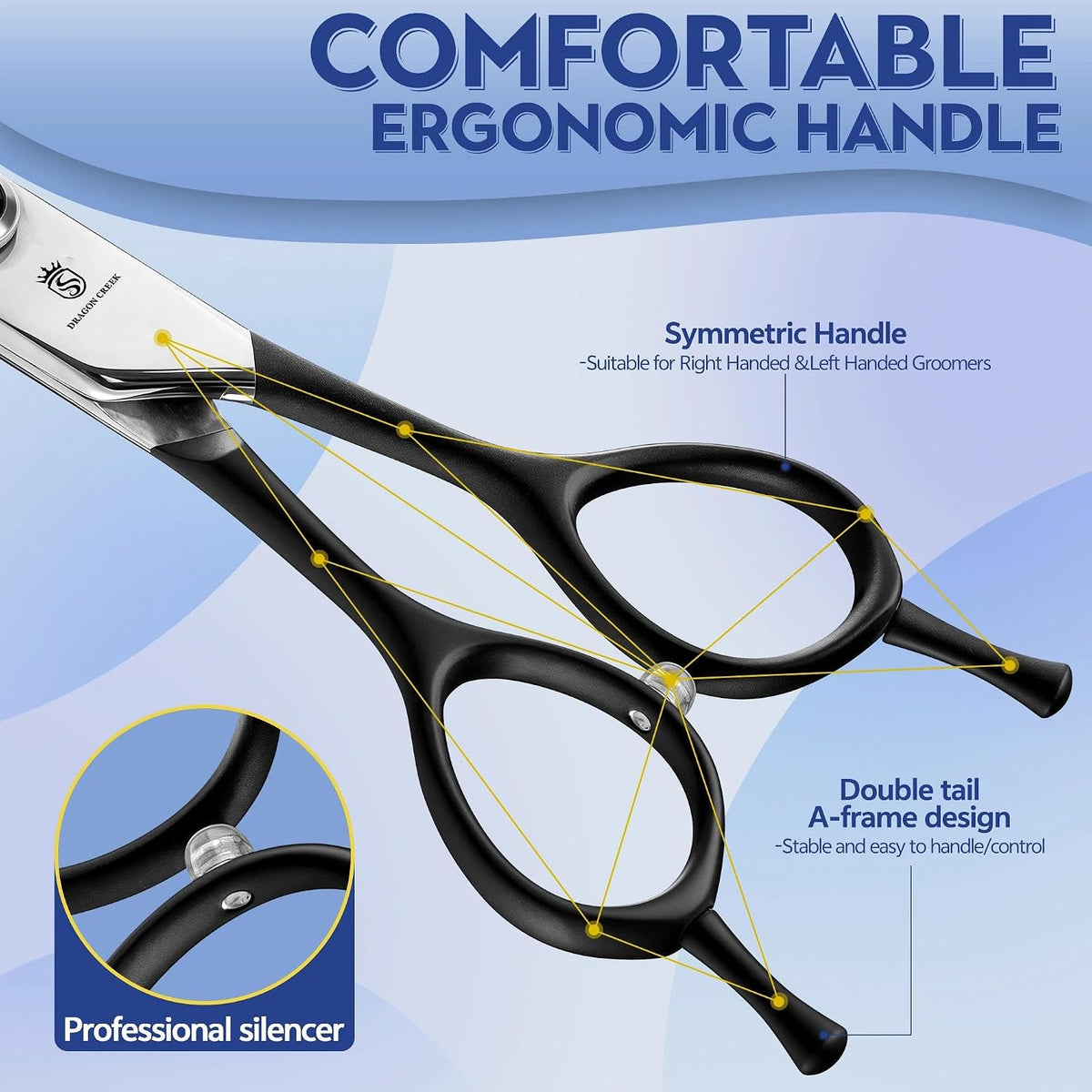 Japanese 440C stainless steel blades of the curved cat and dog grooming shears.