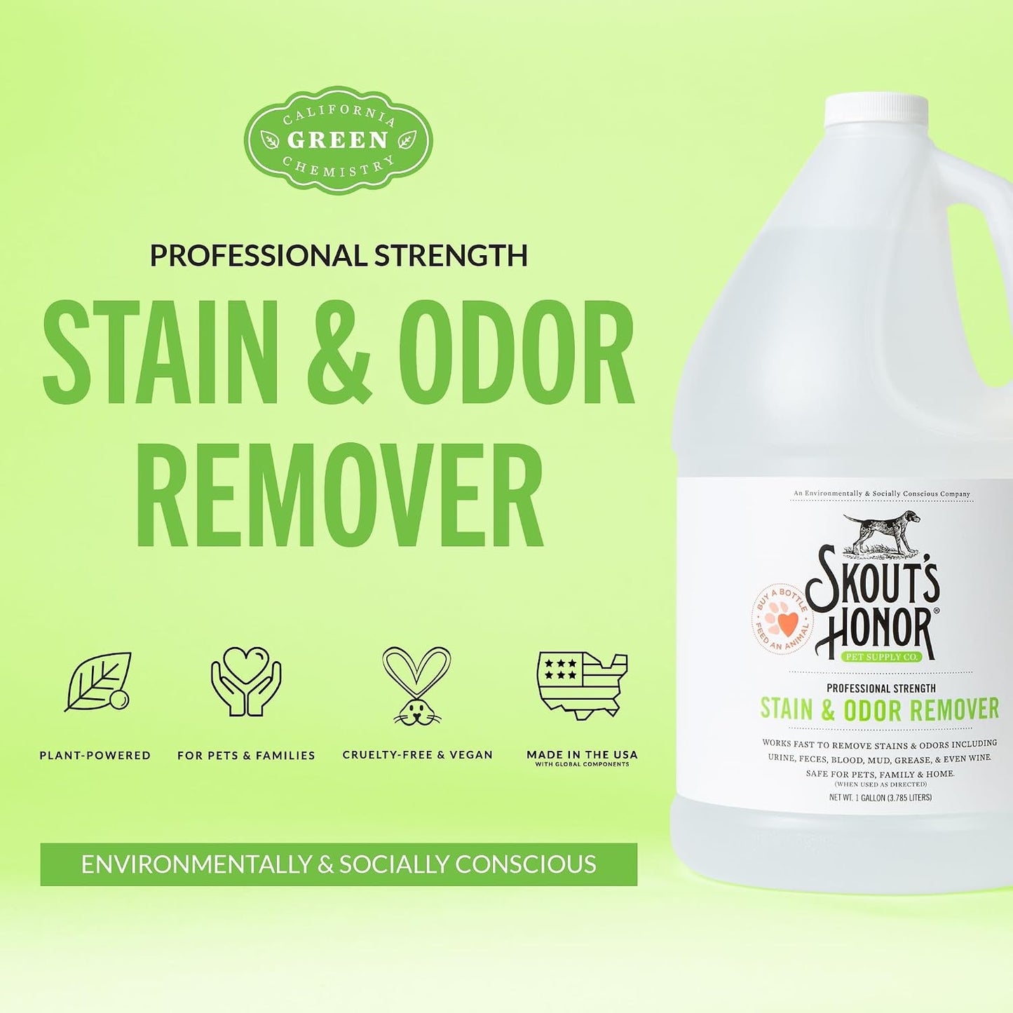 Skout's Honor pet cleaner gallon bottle on a carpet surface