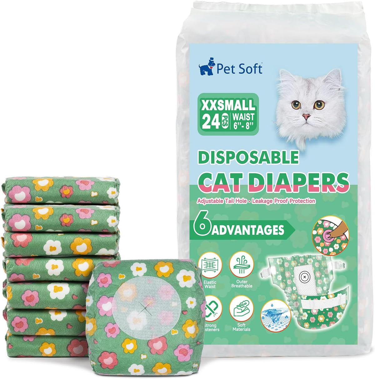 Pet Soft Disposable Cat Diapers - Diaper for Female & Male Cats, Puppy Doggie Diapers for Female Dogs with Adjustable Foam Tail Hole, Small (24Pcs, GN Flowers) - Image 10