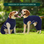 Dog resting comfortably in blue Kuoser surgical recovery onesie
