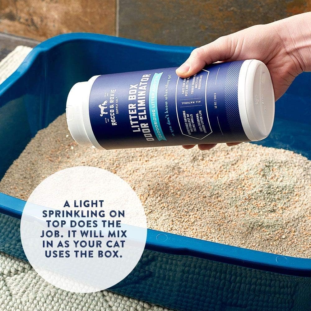 Rocco And Roxie non toxic cat urine deodorizer being mixed into a litter box