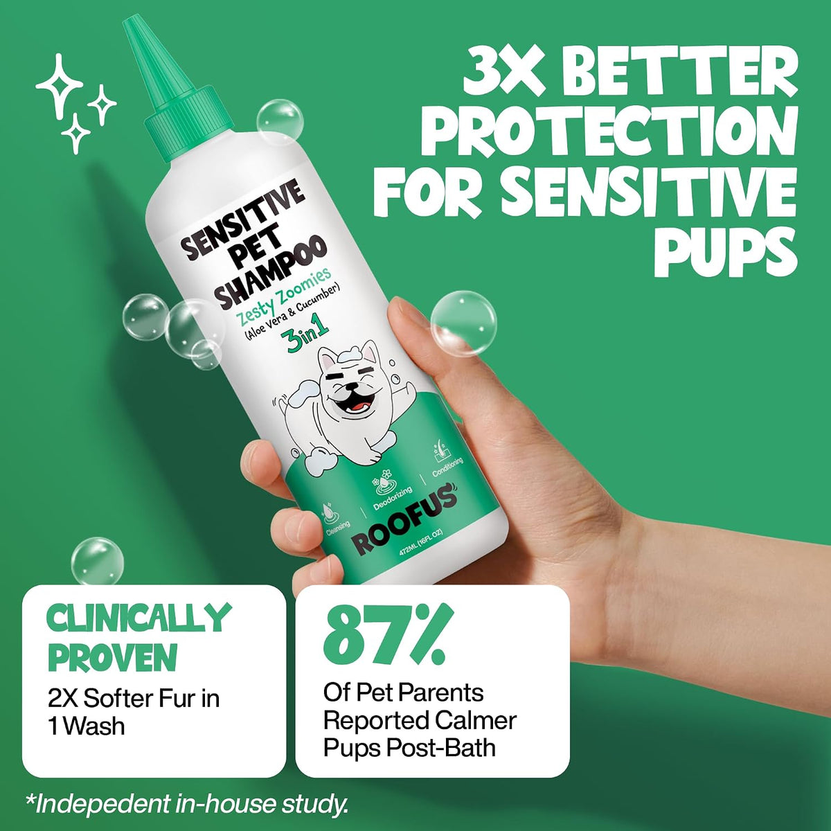 Moisturizing pet body wash with built-in nozzle applicator close up view