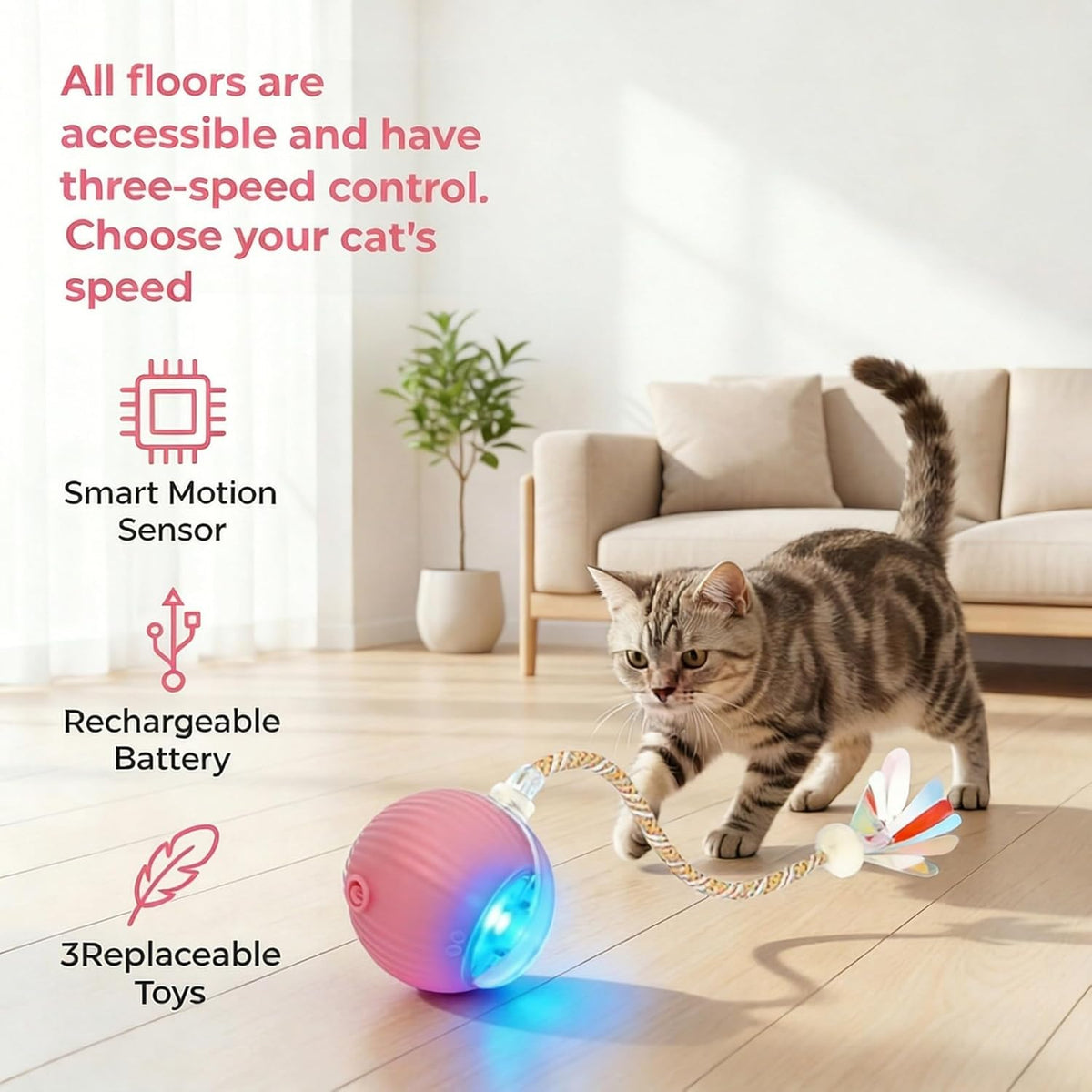 Green automatic interactive cat toy with feather attachment