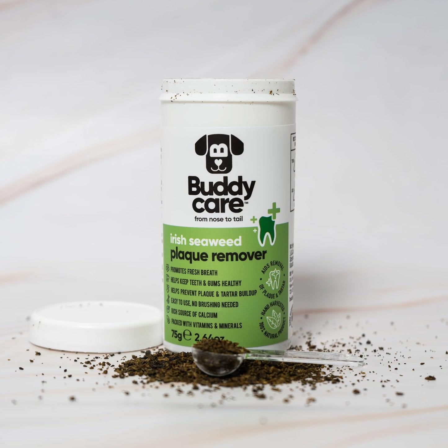 Buddycare pet oral care supplement text outlining thyroid warning and dosage.