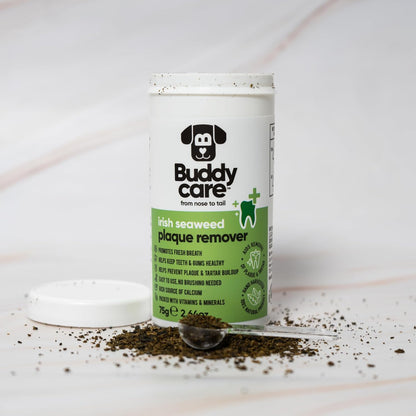 Buddycare pet oral care supplement text outlining thyroid warning and dosage.