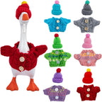 LUOHECAM 7 inch desk goose outfits front view showing six colorful knitted sweaters and matching hats